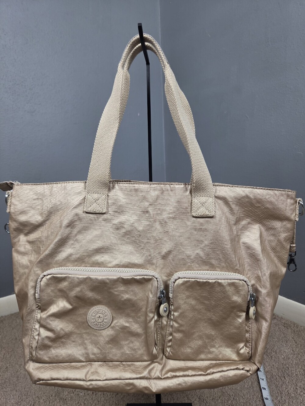 Kipling Metallic Beige Tote with Dual Front Pockets